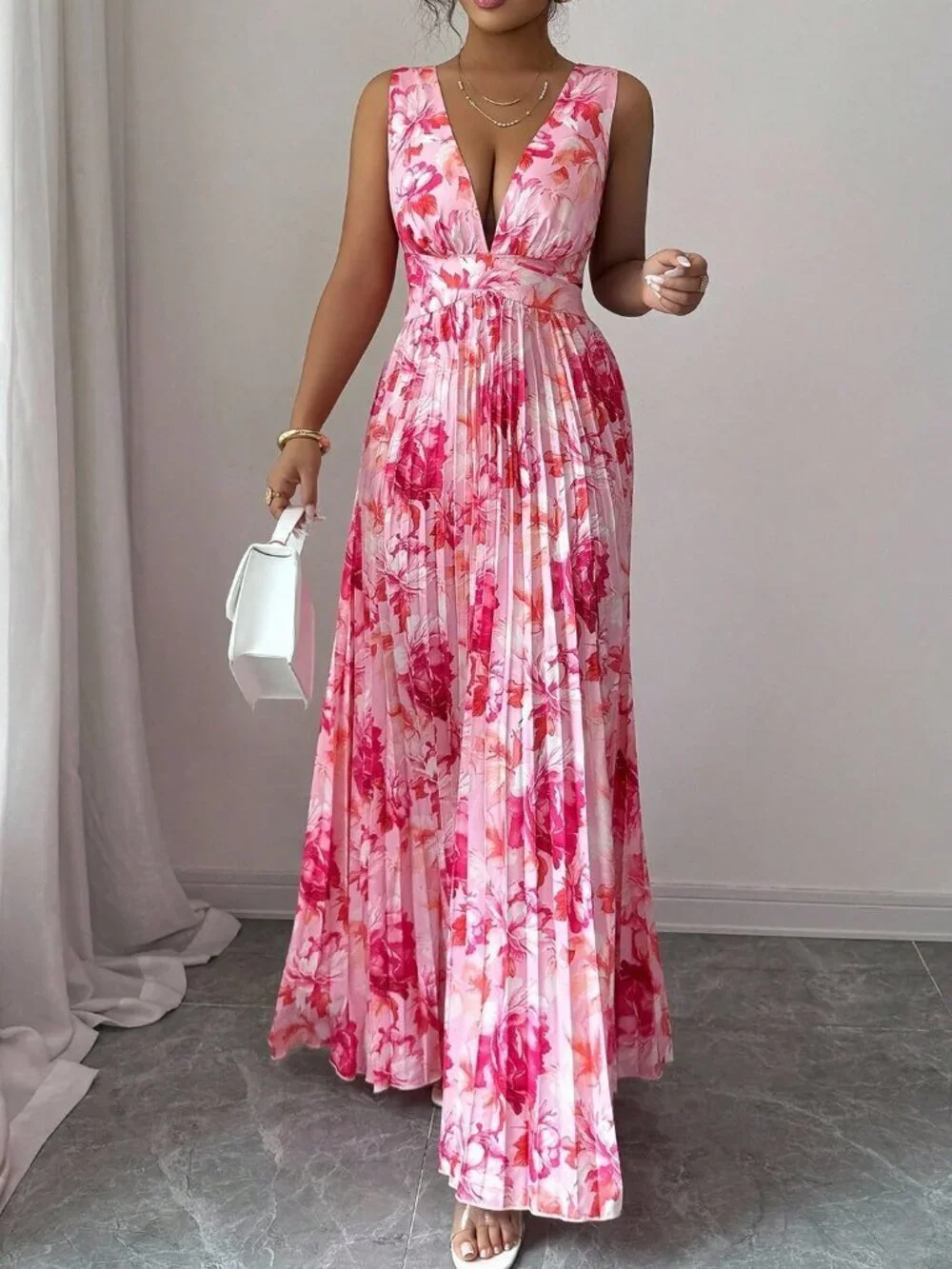 Multicolor Sexy Women's Sleeveless V-Neck A-Line Ruffle Floral Romantic Dress